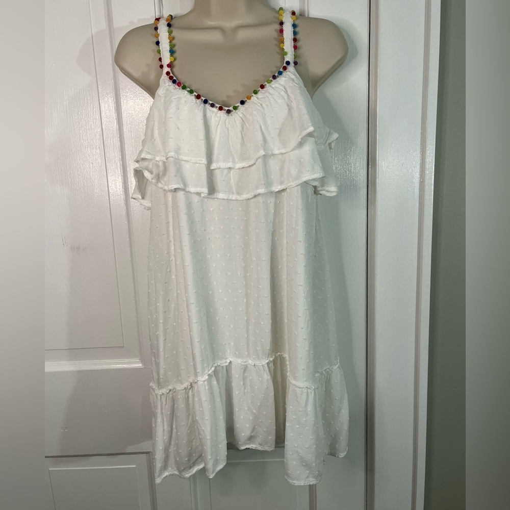 Honey Belle Swiss Dot Flounce Ruffle Pom Pom Trim Mini Dress Size M Flirty Girly